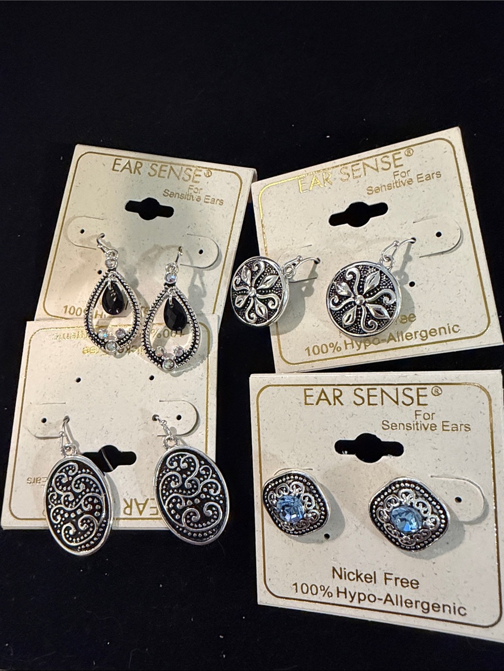Silver-Tone Black Accent Earrings — Hypoallergenic